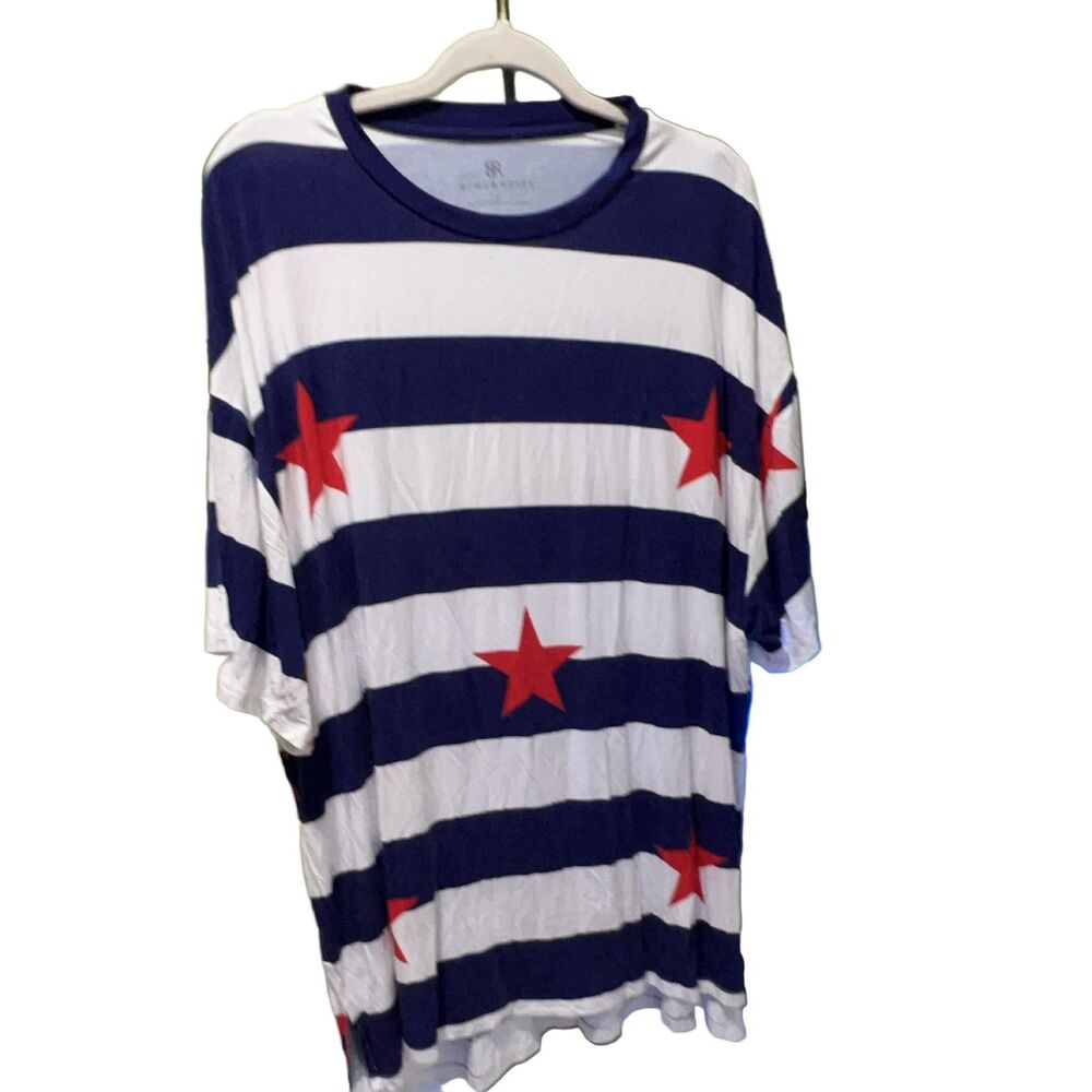 Bums & Roses Striped Star T-Shirt Women's L Navy Blue White Red Bamboo Spandex